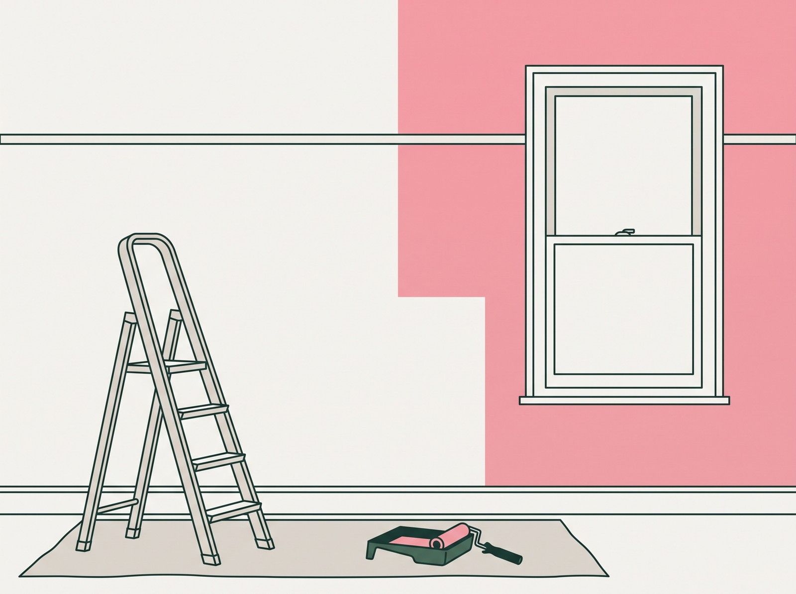 A living room wall being repainted, with a stepladder, a roller and paint tray on a dust sheet beside a sash window